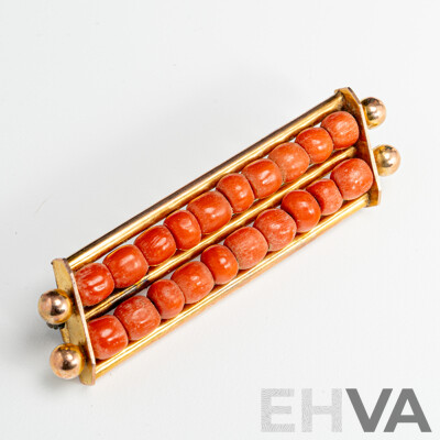 9ct Vintage Red Coral Bar Brooch, 53mm, 7.95 Grams