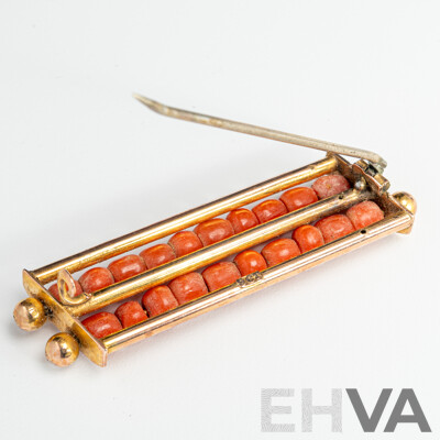 9ct Vintage Red Coral Bar Brooch, 53mm, 7.95 Grams