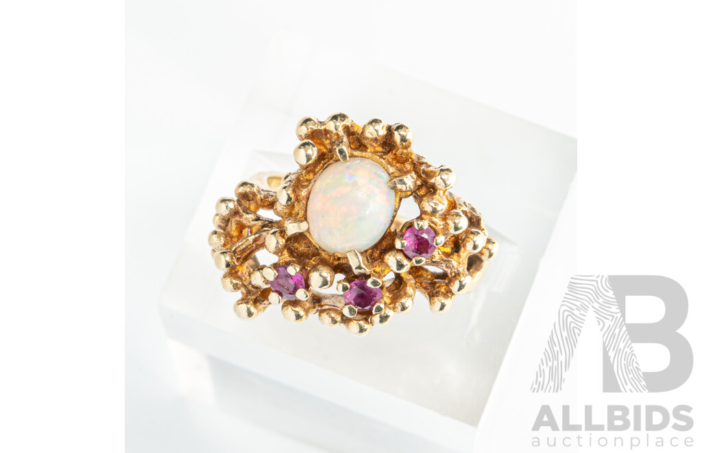 14ct Vintage Crystal Opal and Rubies Ring, Size L, 7.11 Grams
