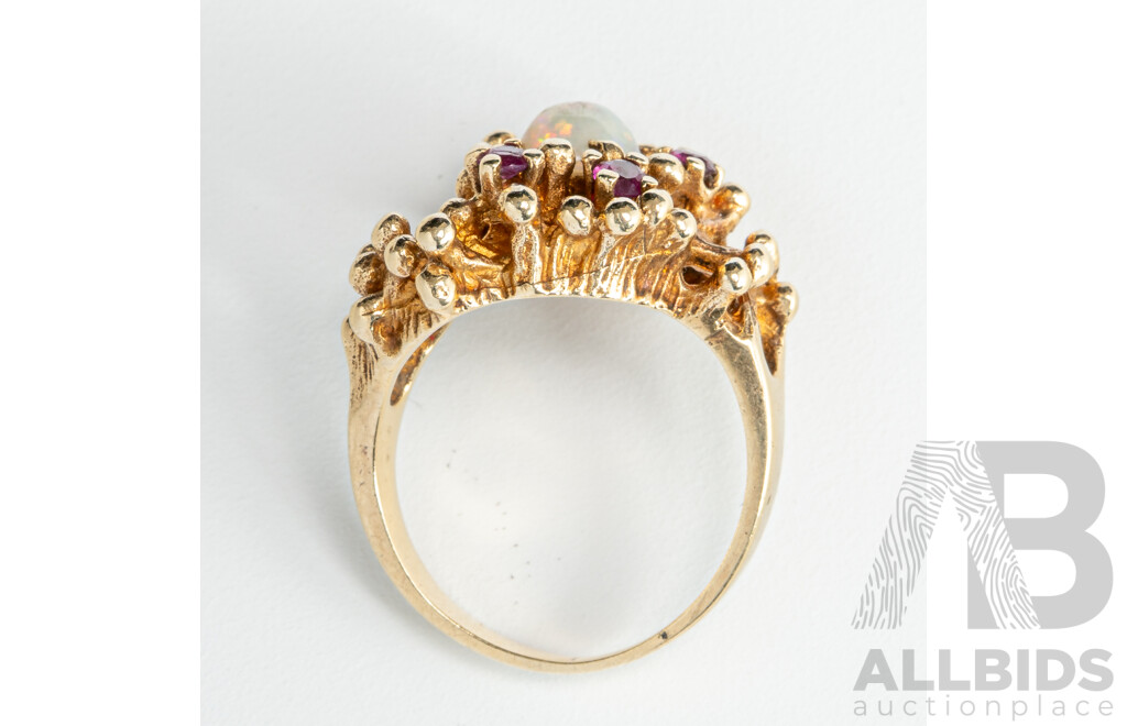 14ct Vintage Crystal Opal and Rubies Ring, Size L, 7.11 Grams
