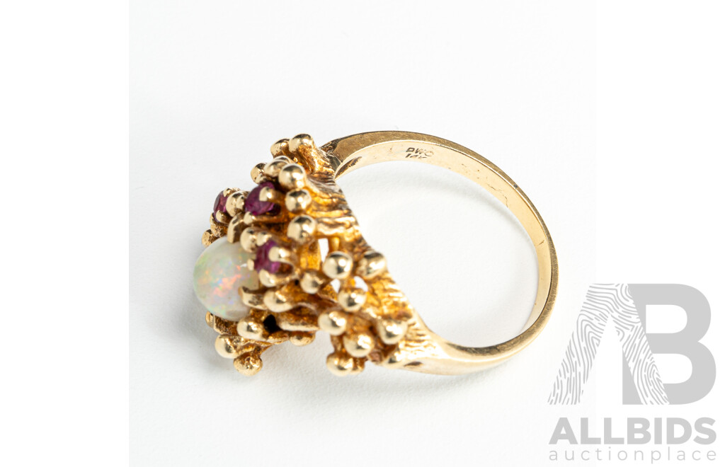 14ct Vintage Crystal Opal and Rubies Ring, Size L, 7.11 Grams