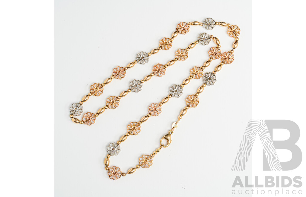 9ct Floral Beaded Necklace on Chain, 45cm, 11.29 Grams