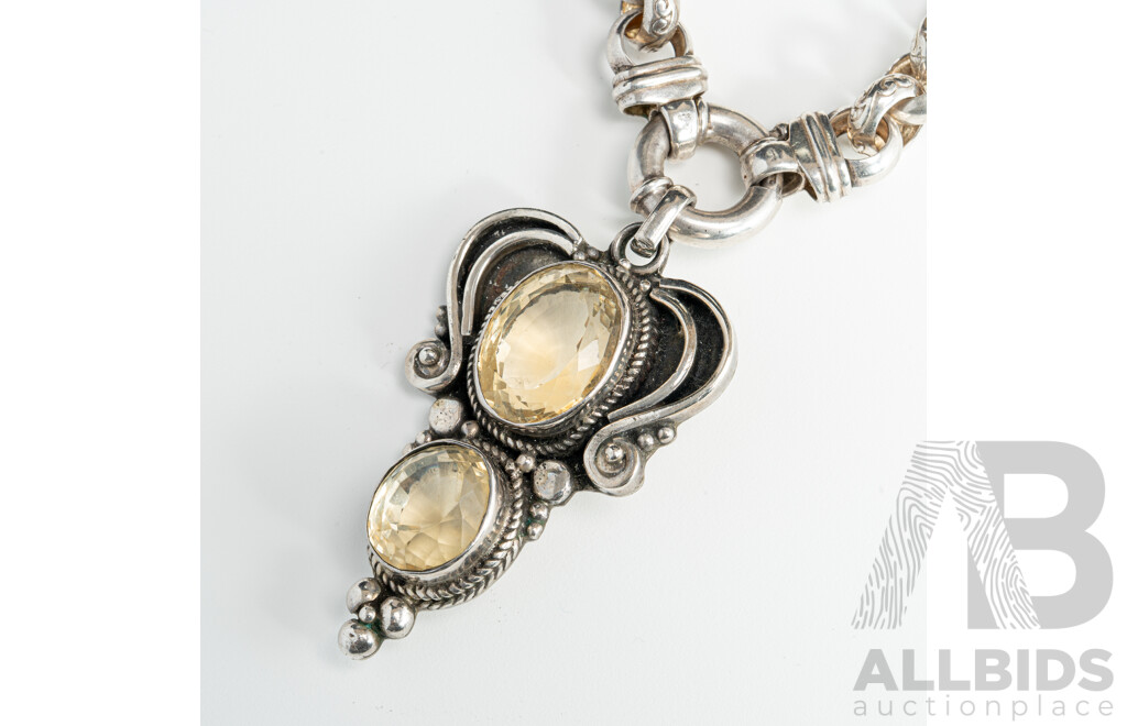 Sterling Silver Belcher Link Necklace, 45cm, with Ornate Citrine Pendant, 60mm, 78.0 Grams