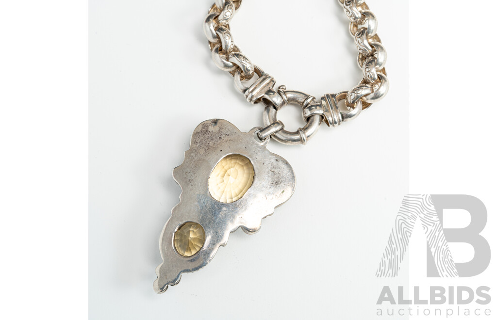 Sterling Silver Belcher Link Necklace, 45cm, with Ornate Citrine Pendant, 60mm, 78.0 Grams