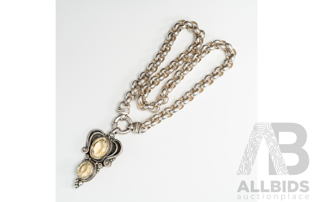Sterling Silver Belcher Link Necklace, 45cm, with Ornate Citrine Pendant, 60mm, 78.0 Grams