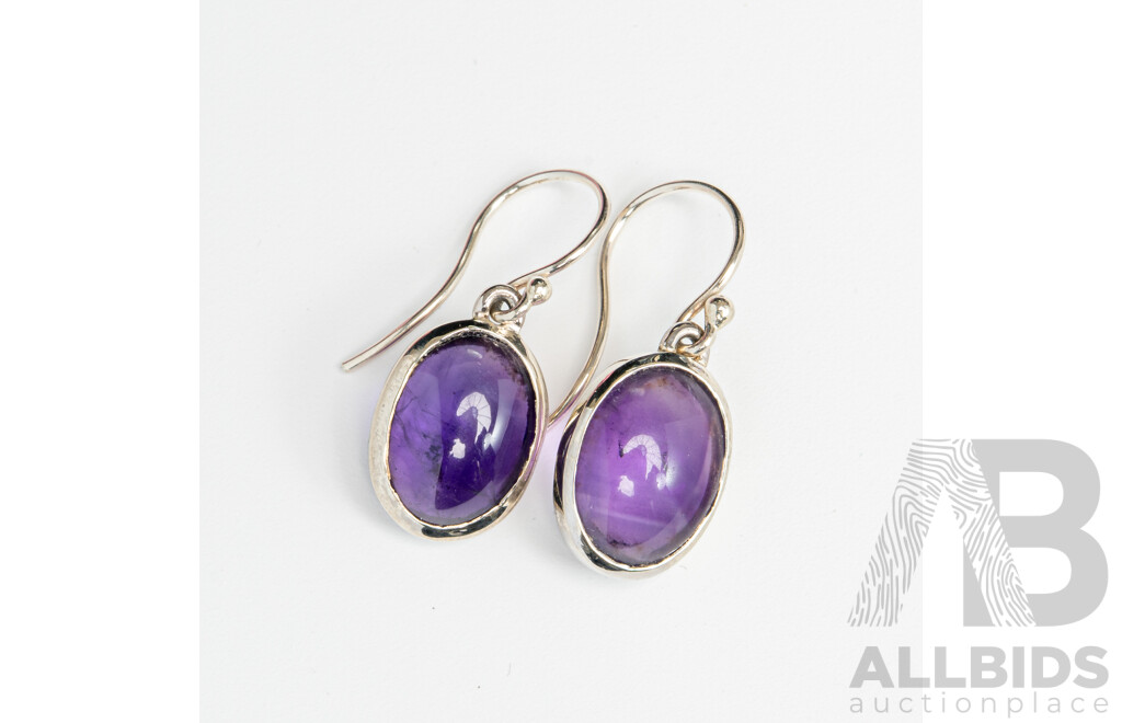 9ct White Gold Amethyst Cabochon Drop Earrings, 30mm, 5.65 Grams