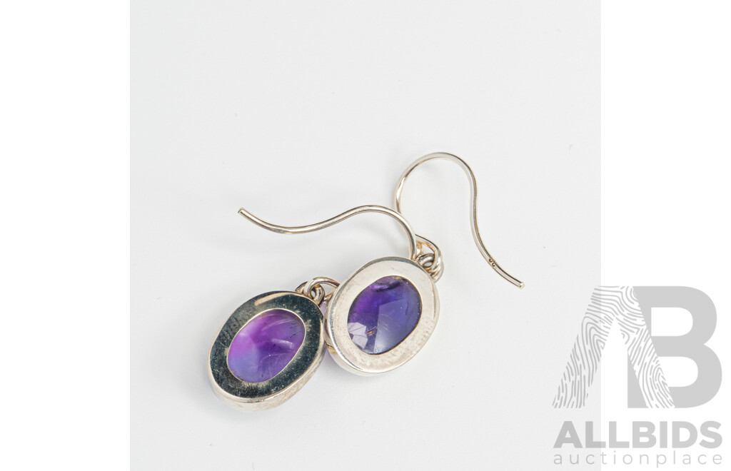 9ct White Gold Amethyst Cabochon Drop Earrings, 30mm, 5.65 Grams