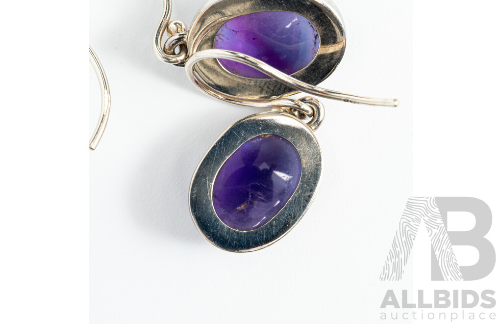 9ct White Gold Amethyst Cabochon Drop Earrings, 30mm, 5.65 Grams