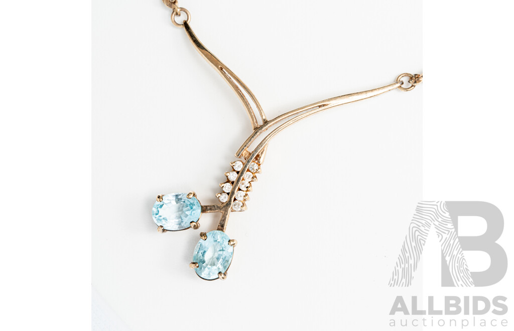 9ct Vintage Swiss Blue Topaz and Diamond Pendant on Fixed Chain, T3.12CT/TDW0.18CT, 45cm, 10.81 Grams