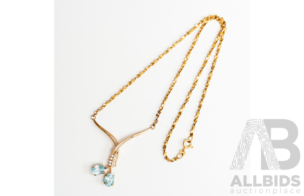 9ct Vintage Swiss Blue Topaz and Diamond Pendant on Fixed Chain, T3.12CT/TDW0.18CT, 45cm, 10.81 Grams