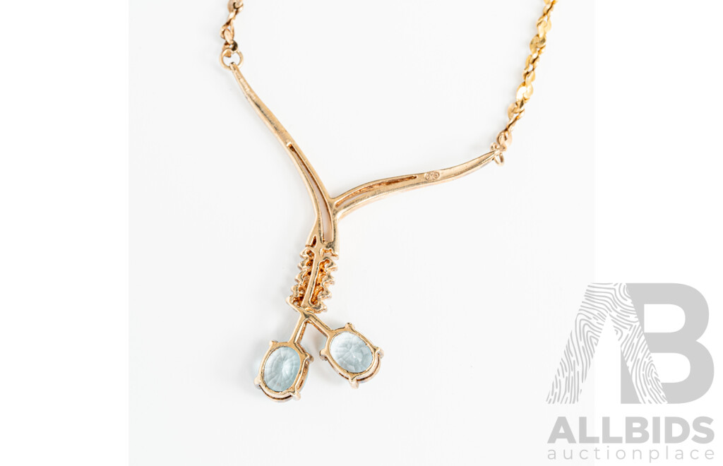 9ct Vintage Swiss Blue Topaz and Diamond Pendant on Fixed Chain, T3.12CT/TDW0.18CT, 45cm, 10.81 Grams