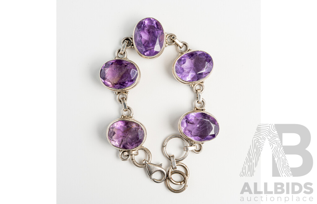Silver Amethyst Gemstone Bracelet, Adjustable Length Up to 18.5cm, Hallmarked 925, 29.58 Grams
