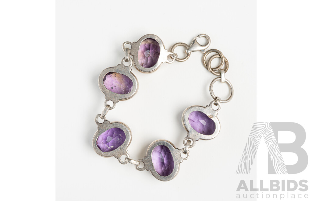 Silver Amethyst Gemstone Bracelet, Adjustable Length Up to 18.5cm, Hallmarked 925, 29.58 Grams