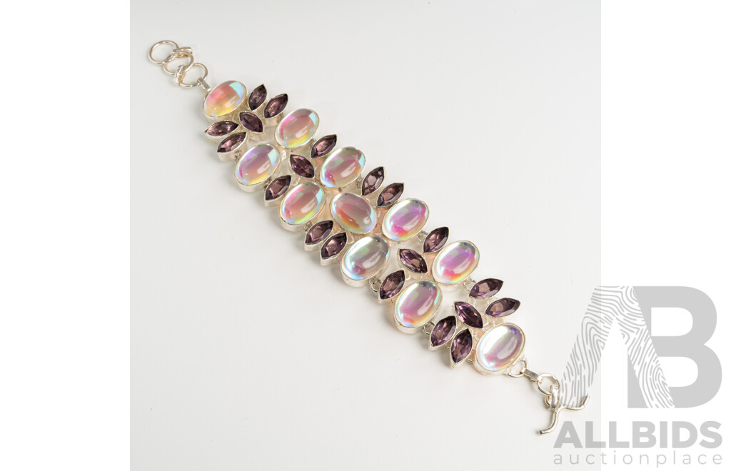 Silver Cluster Bracelet with Gemstone Cabochons, Hallmarked 925, 77.73 Grams