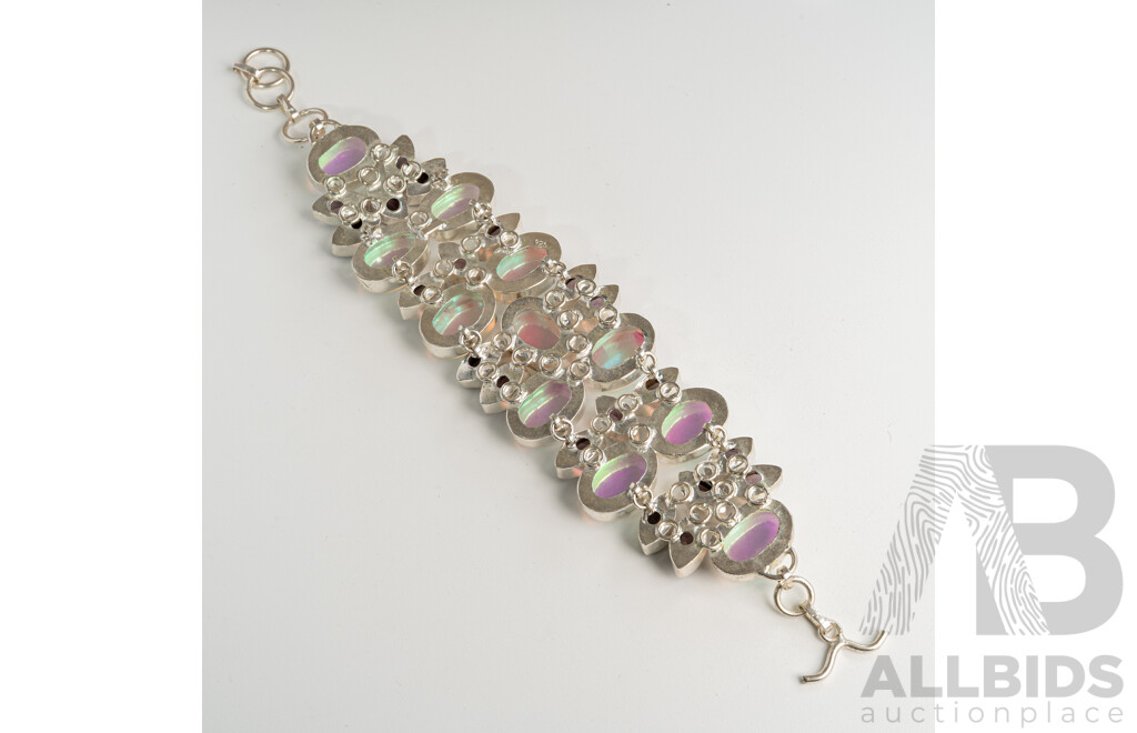 Silver Cluster Bracelet with Gemstone Cabochons, Hallmarked 925, 77.73 Grams