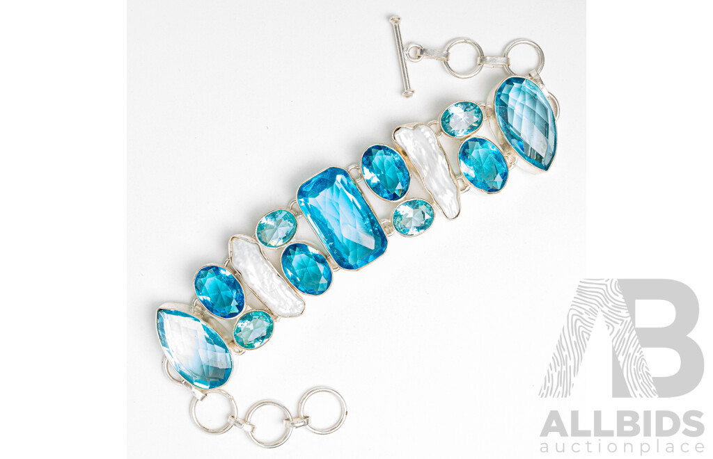 Silver Blue Topaz & Biwa Pearl Bracelet with T-Bar Clasp, Adjustable Length Up to 20cm, 44.66 Grams