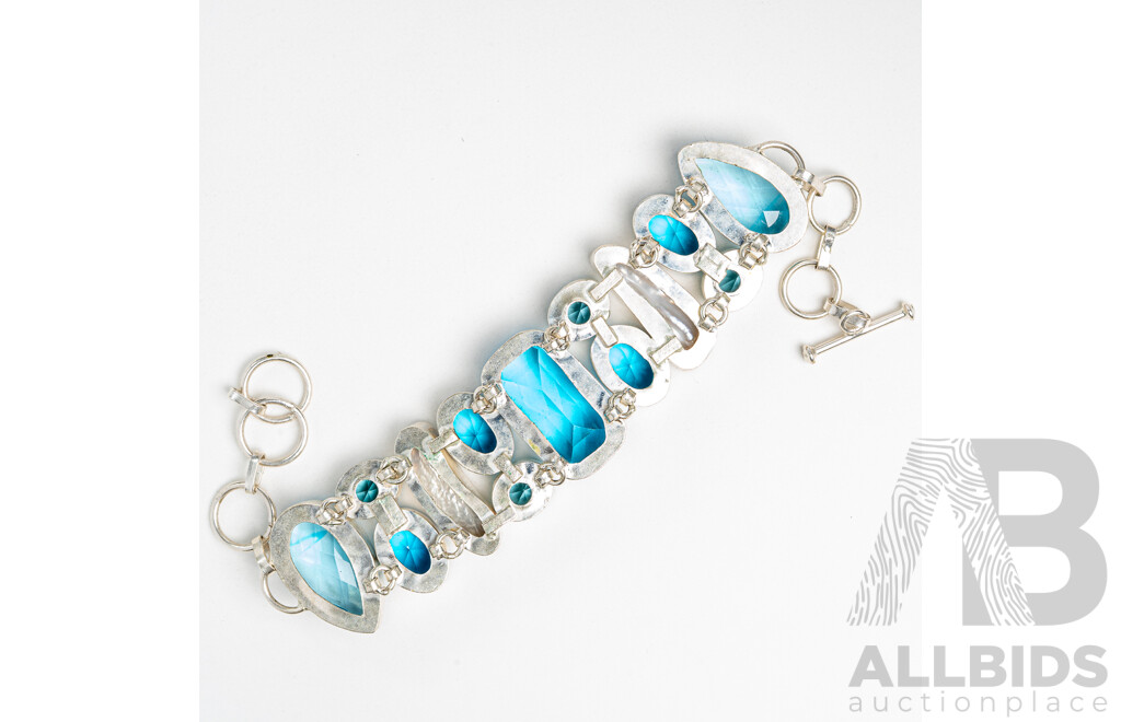 Silver Blue Topaz & Biwa Pearl Bracelet with T-Bar Clasp, Adjustable Length Up to 20cm, 44.66 Grams