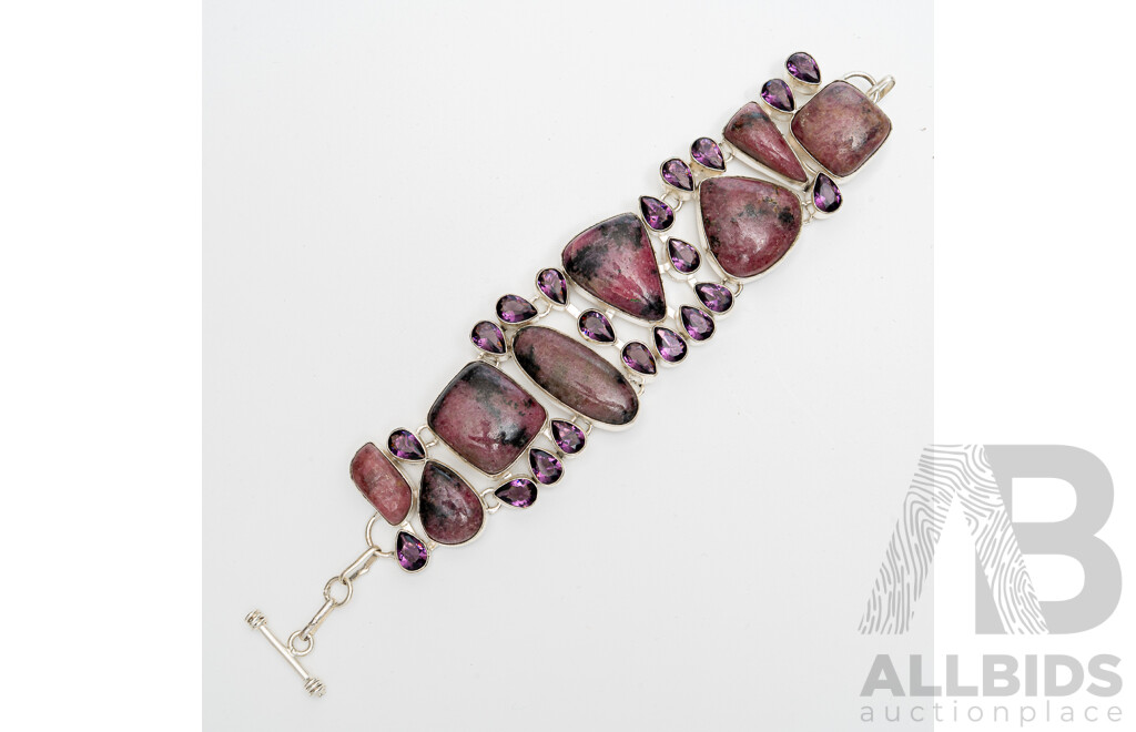 Silver Rhondonite Bracelet with T-Bar Clasp, Adjustable Length Up to 21.5cm, 77.92 Grams