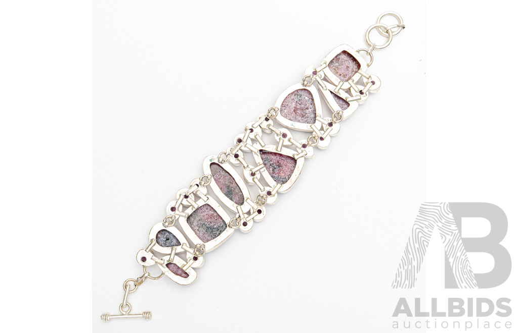 Silver Rhondonite Bracelet with T-Bar Clasp, Adjustable Length Up to 21.5cm, 77.92 Grams