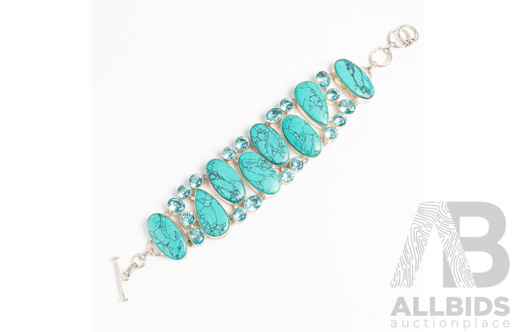 Silver Turquoise Howlite Bracelet with T-Bar Clasp, Adjustable Length Up to 21cm, 61.69 Grams