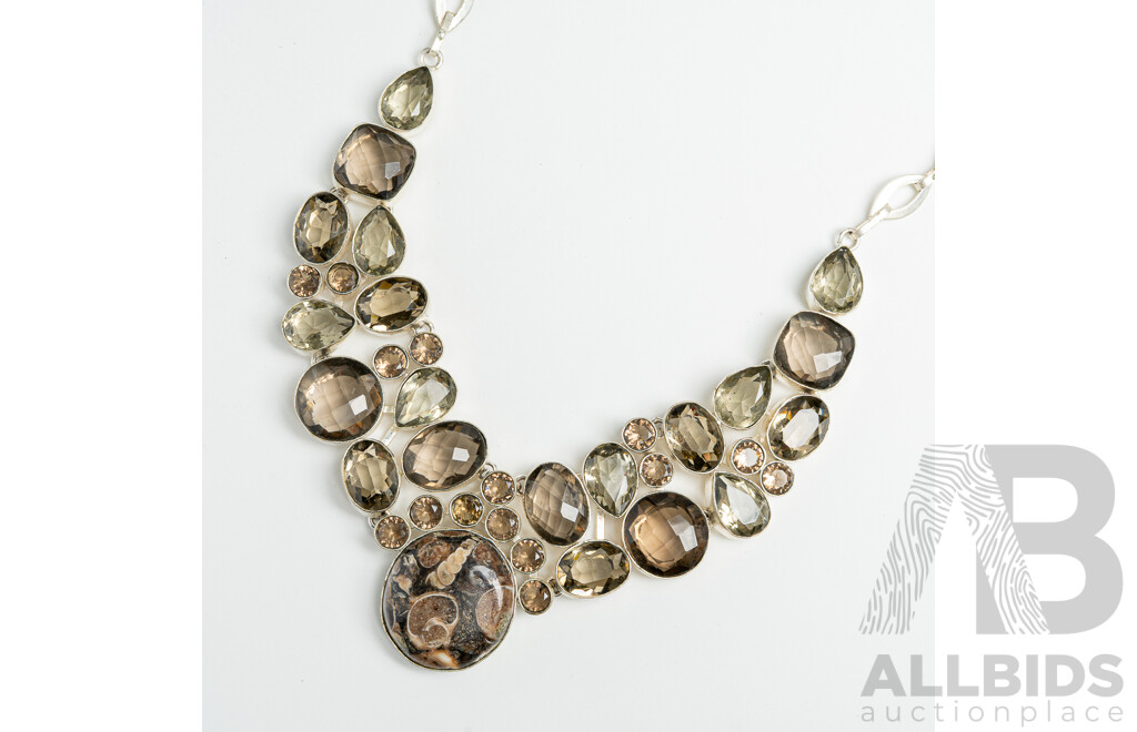 Silver Jasper & Smokey Quartz Cluster Necklace, Adjustable Up to 60cm, 89.74 Grams
