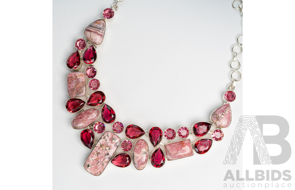 Silver Rhodochrosite & Rubillite Cluster Necklace, Adjustable Up to 65cm, 60.33 Grams