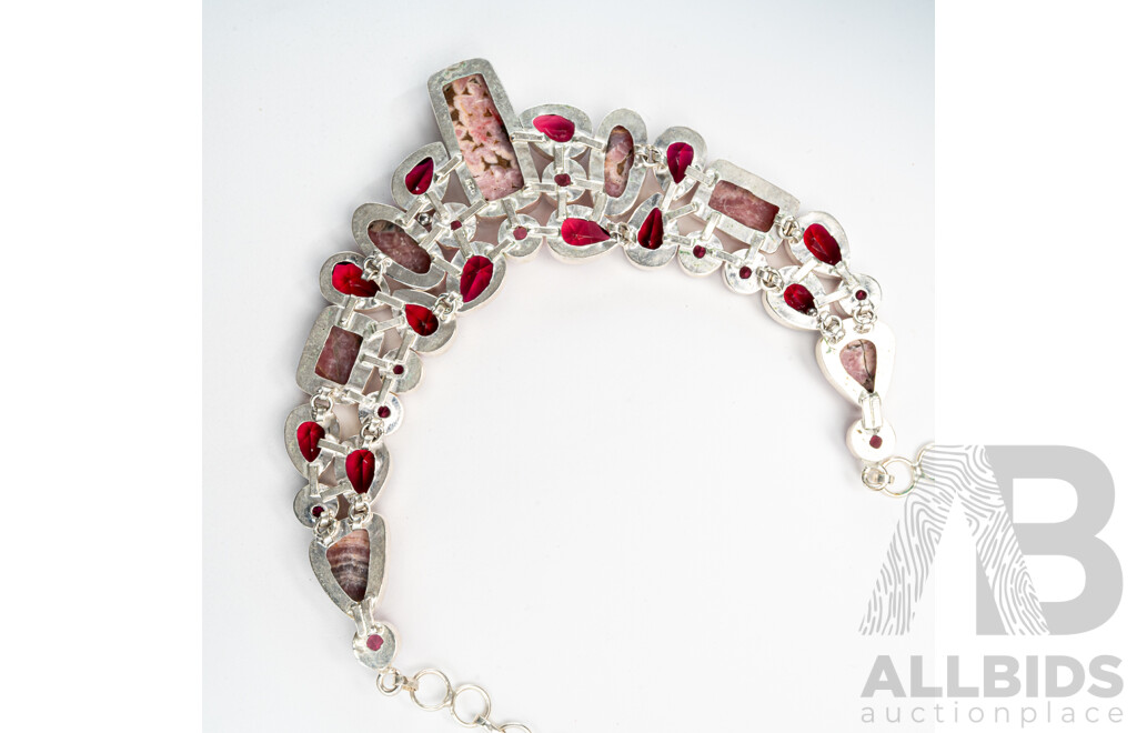 Silver Rhodochrosite & Rubillite Cluster Necklace, Adjustable Up to 65cm, 60.33 Grams