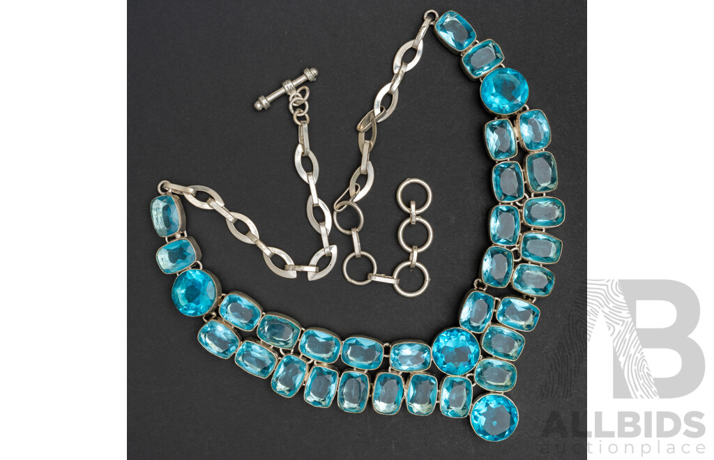 Silver Blue Topaz Cluster Necklace, Handmade, Adjustable Up to 58cm, 108 Grams