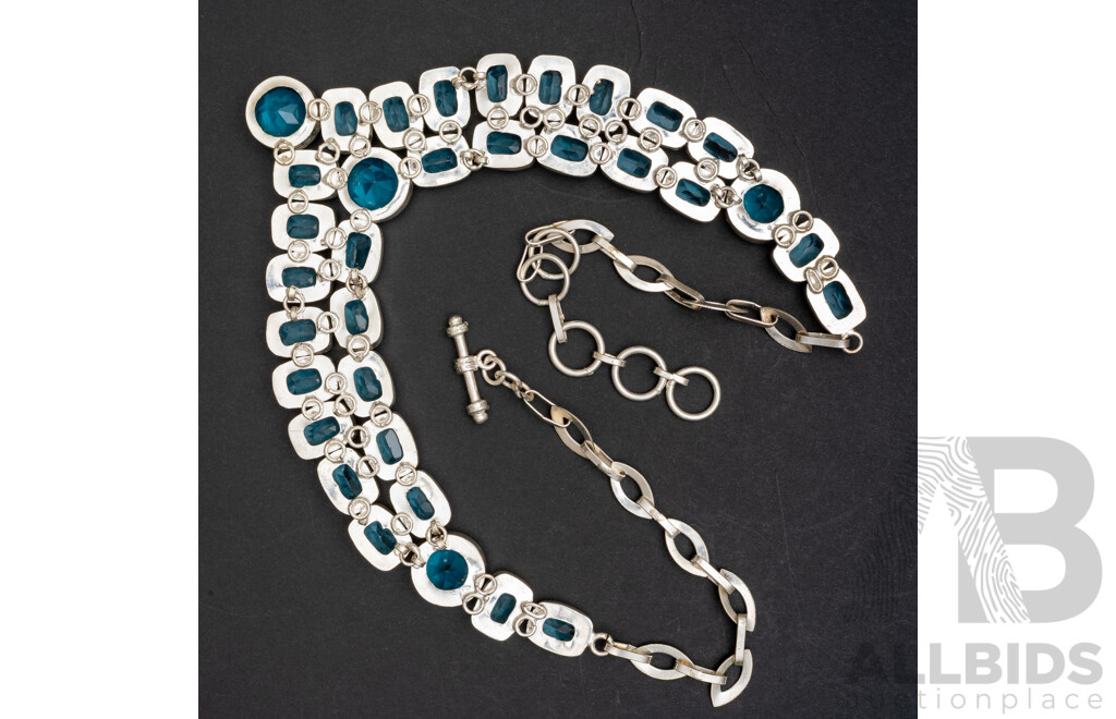 Silver Blue Topaz Cluster Necklace, Handmade, Adjustable Up to 58cm, 108 Grams