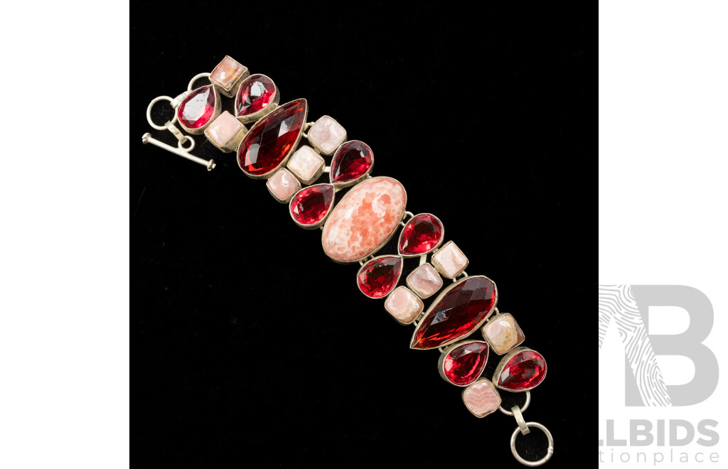 Silver Rhodochrosite & Rubillite Cluster Bracelet, 16.5cm, 50.85 Grams