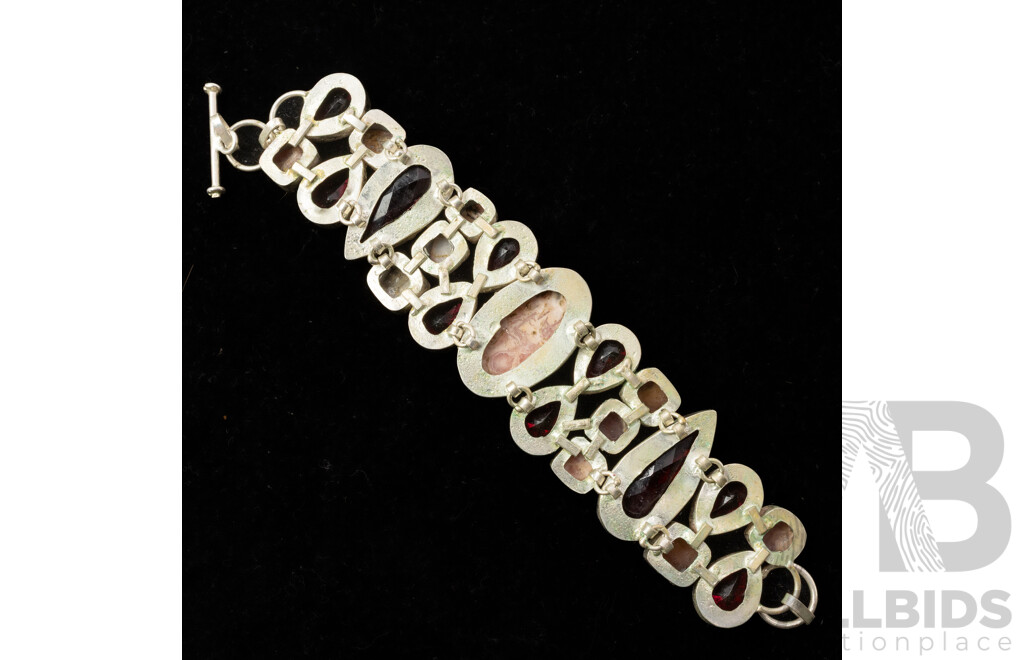 Silver Rhodochrosite & Rubillite Cluster Bracelet, 16.5cm, 50.85 Grams