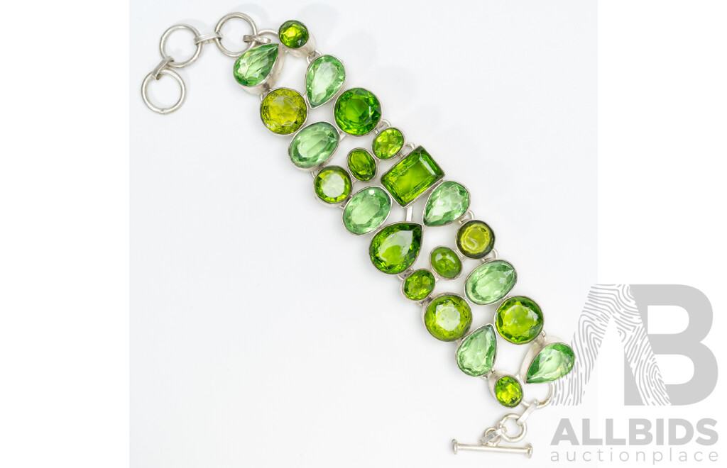 Silver Gemstone Cluster Bracelet with Peridot & T-Bar Clasp, Adjustable Length Up to 18.5cm, 46.96 Grams