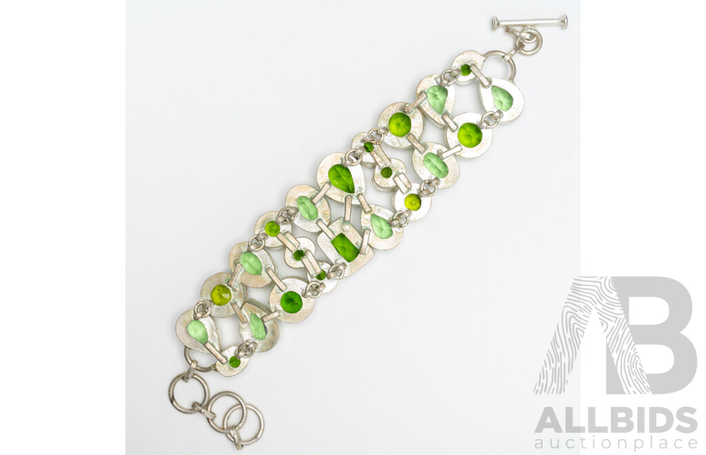 Silver Gemstone Cluster Bracelet with Peridot & T-Bar Clasp, Adjustable Length Up to 18.5cm, 46.96 Grams