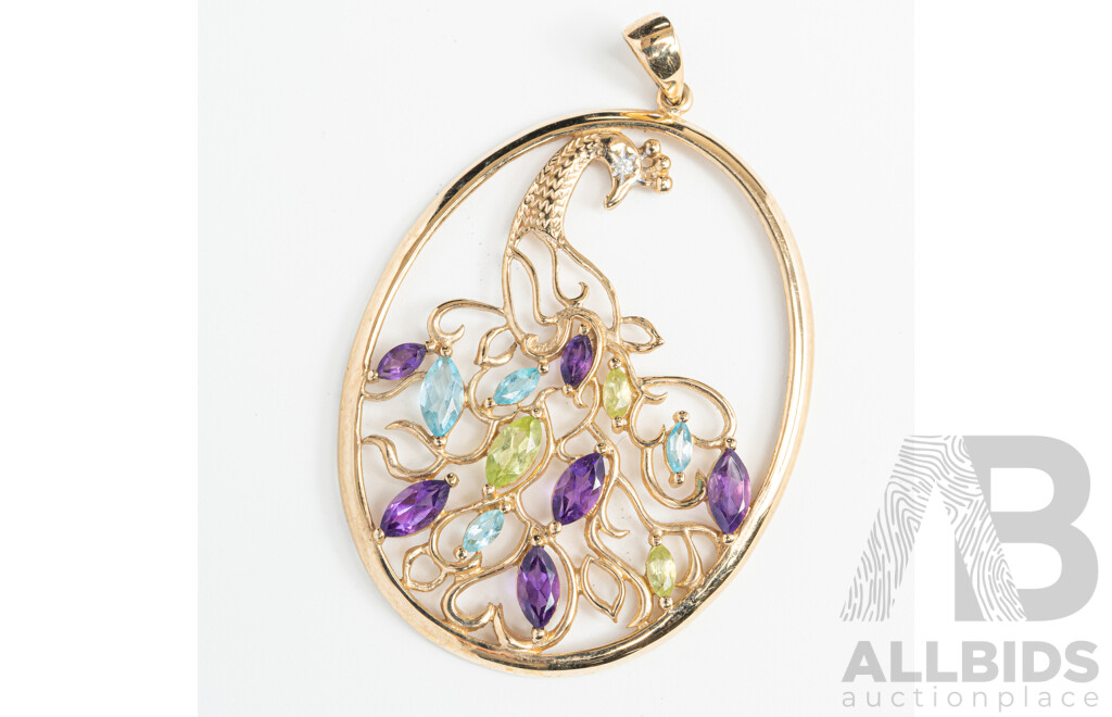9ct Peacock Pendant Set with Diamond, Topaz, Amethyst & Peridot, 50mm, 4.87 Grams