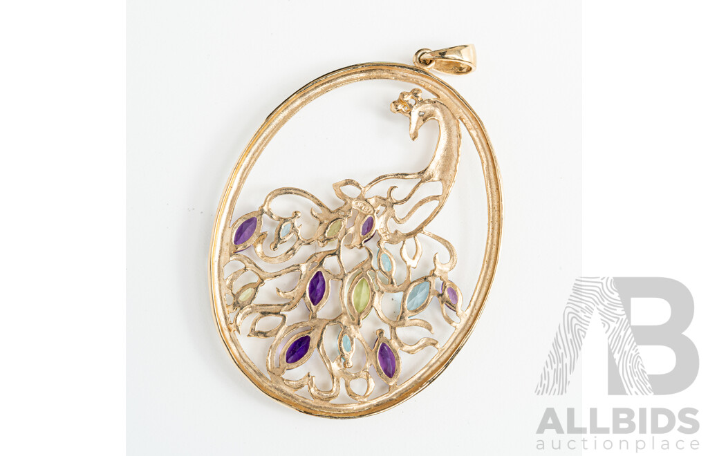 9ct Peacock Pendant Set with Diamond, Topaz, Amethyst & Peridot, 50mm, 4.87 Grams