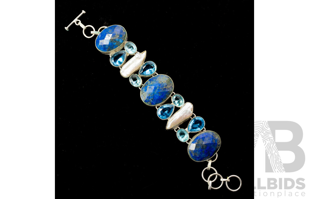Silver Lapis Lazuli, Topaz & Biwa Pearl Bracelet with T-Bar Clasp, Adjustable Length Up to 19cm, 49.37 Grams