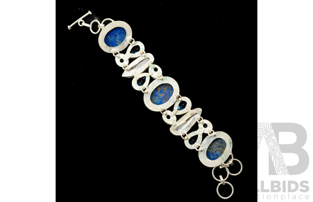 Silver Lapis Lazuli, Topaz & Biwa Pearl Bracelet with T-Bar Clasp, Adjustable Length Up to 19cm, 49.37 Grams
