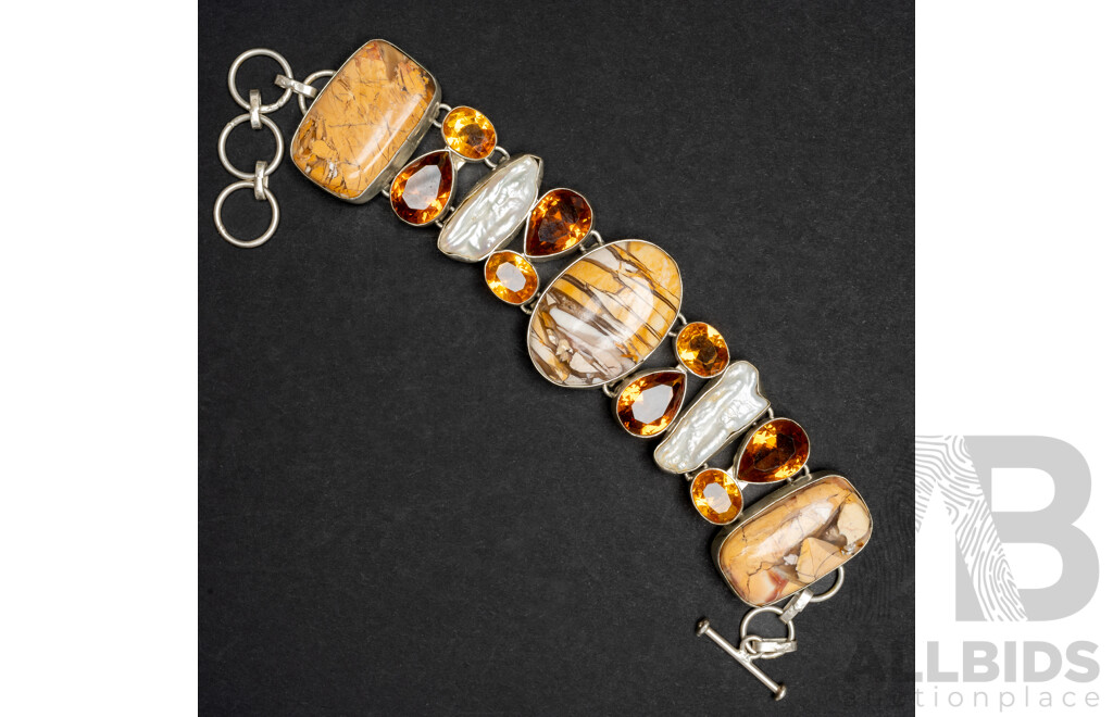 Silver Brecciated Mookaite Cluster Bracelet, Adjustable Up to 20cm, 46.13 Grams