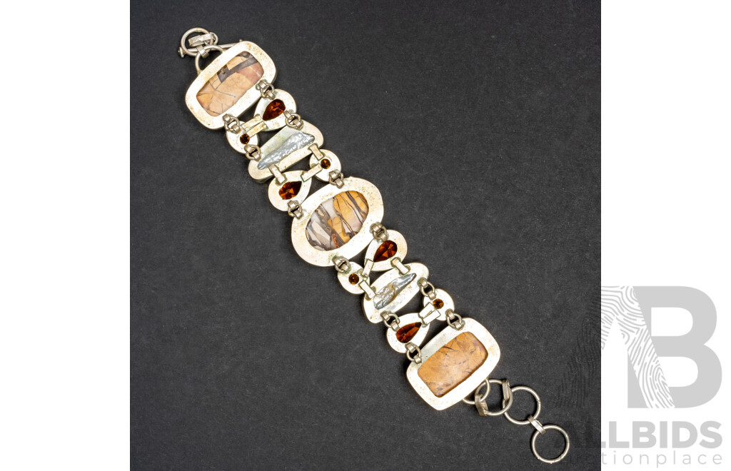 Silver Brecciated Mookaite Cluster Bracelet, Adjustable Up to 20cm, 46.13 Grams
