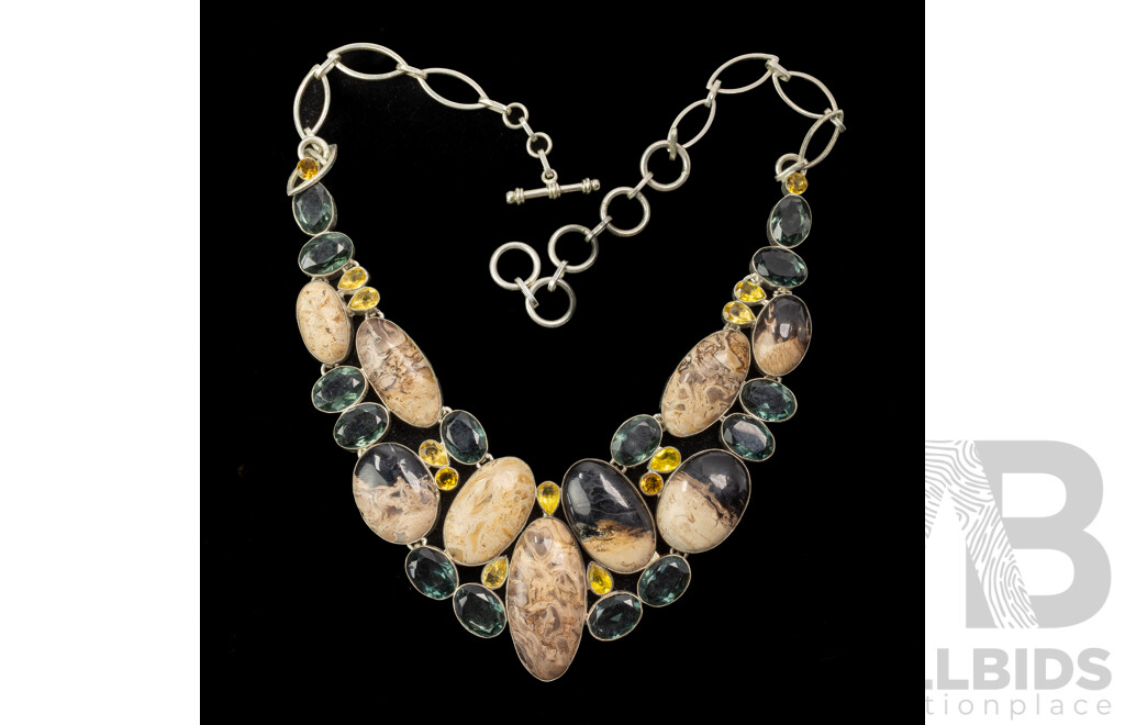 Silver Chocolate Brown Jasper Cluster Necklace, Adjustable Up to 64cm, 111 Grams