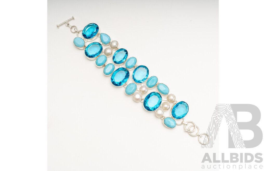 Silver Topaz, Button Pearl & Faux Turquoise Bracelet with T-Bar Clasp, Adjustable Length Up to 21.5cm, 70.44 Grams