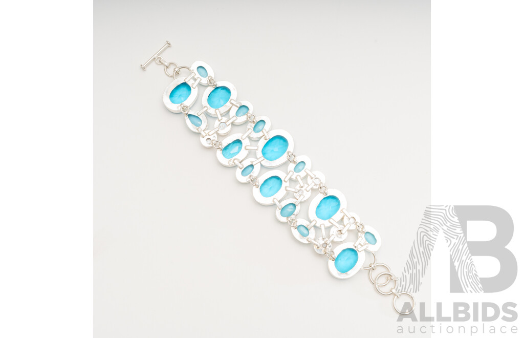 Silver Topaz, Button Pearl & Faux Turquoise Bracelet with T-Bar Clasp, Adjustable Length Up to 21.5cm, 70.44 Grams