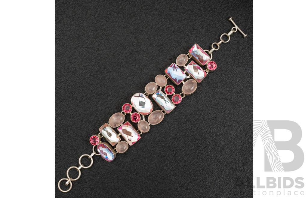 Silver Gemstone Cluster Bracelet with Rose Quartz & T-Bar Clasp, Adjustable Length Up to 21cm, 61.16 Grams