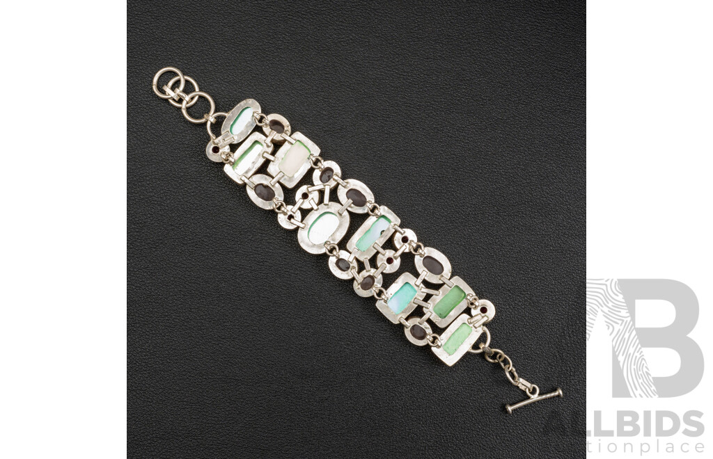 Silver Gemstone Cluster Bracelet with Rose Quartz & T-Bar Clasp, Adjustable Length Up to 21cm, 61.16 Grams