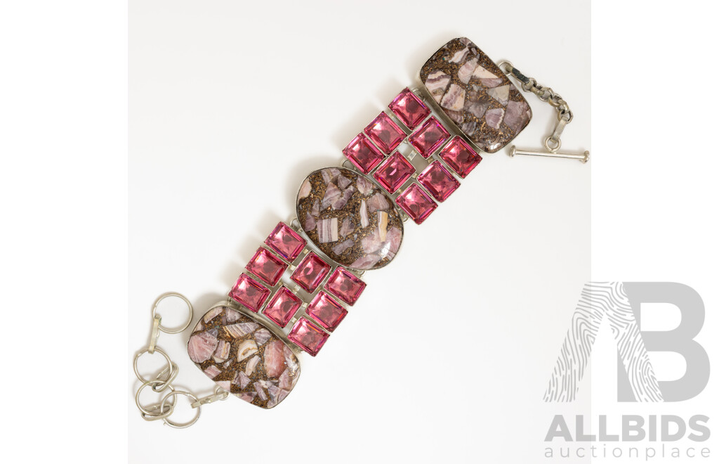 Silver Gemstone Cluster Bracelet with Cooper Rhodochrosite & T-Bar Clasp, Adjustable Length Up to 24cm, 63.26 Grams