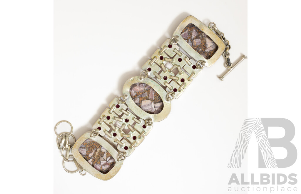 Silver Gemstone Cluster Bracelet with Cooper Rhodochrosite & T-Bar Clasp, Adjustable Length Up to 24cm, 63.26 Grams