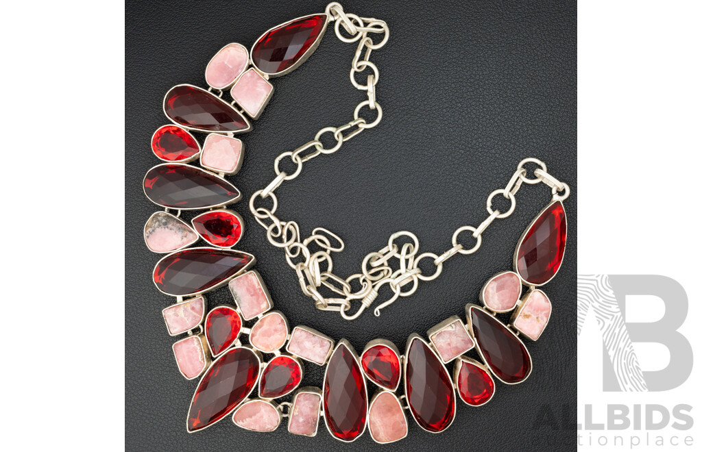 Silver Rhodochrosite Cluster Necklace, Adjustable Up to 60cm, 102.09 Grams