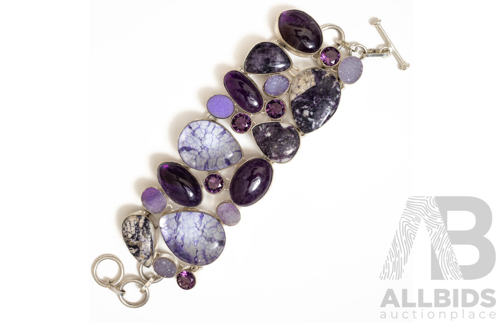 Silver Purple Lepidolite, Amethyst, Dragons Veins Agate Cluster Bracelet, 18.5cm, 82.06 Grams