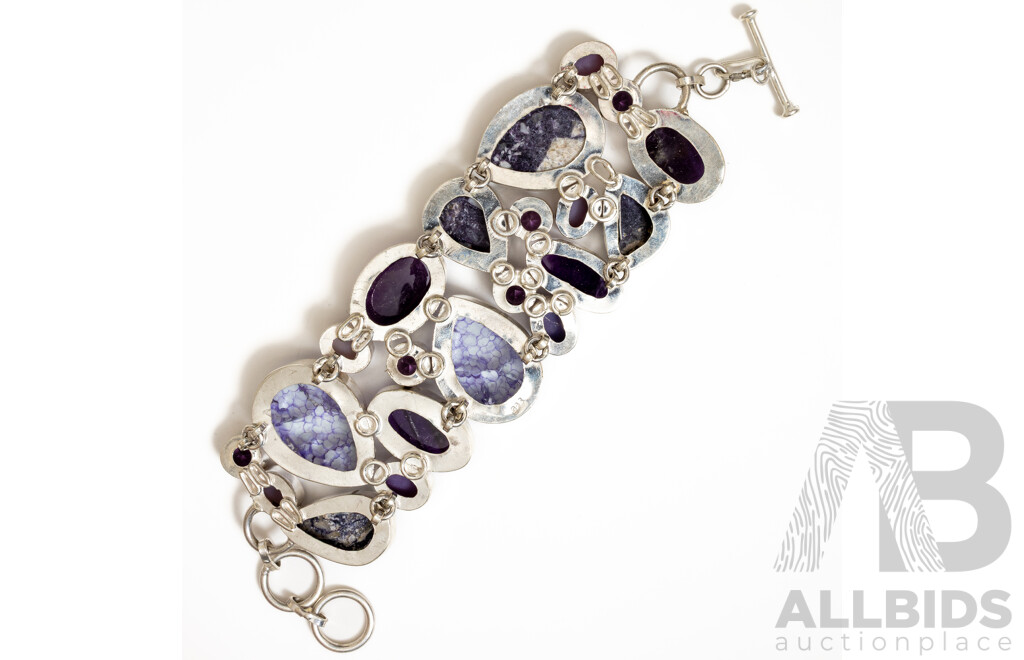 Silver Purple Lepidolite, Amethyst, Dragons Veins Agate Cluster Bracelet, 18.5cm, 82.06 Grams