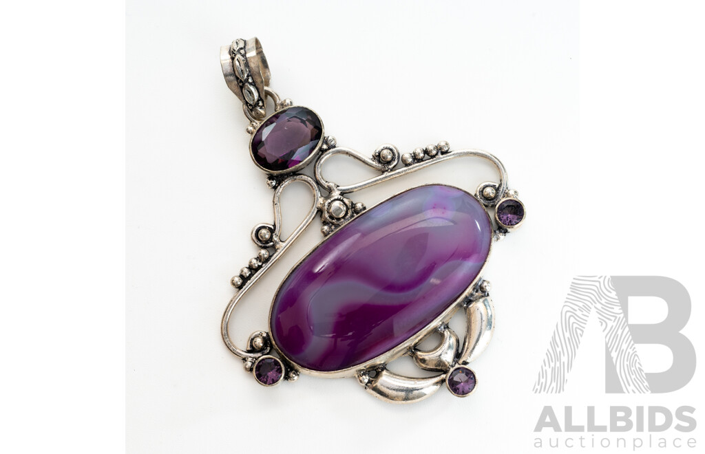 Sterling Silver Purple Lace Agate & Amethyst Statement Pendant, 80mm Long, 28.50 Grams